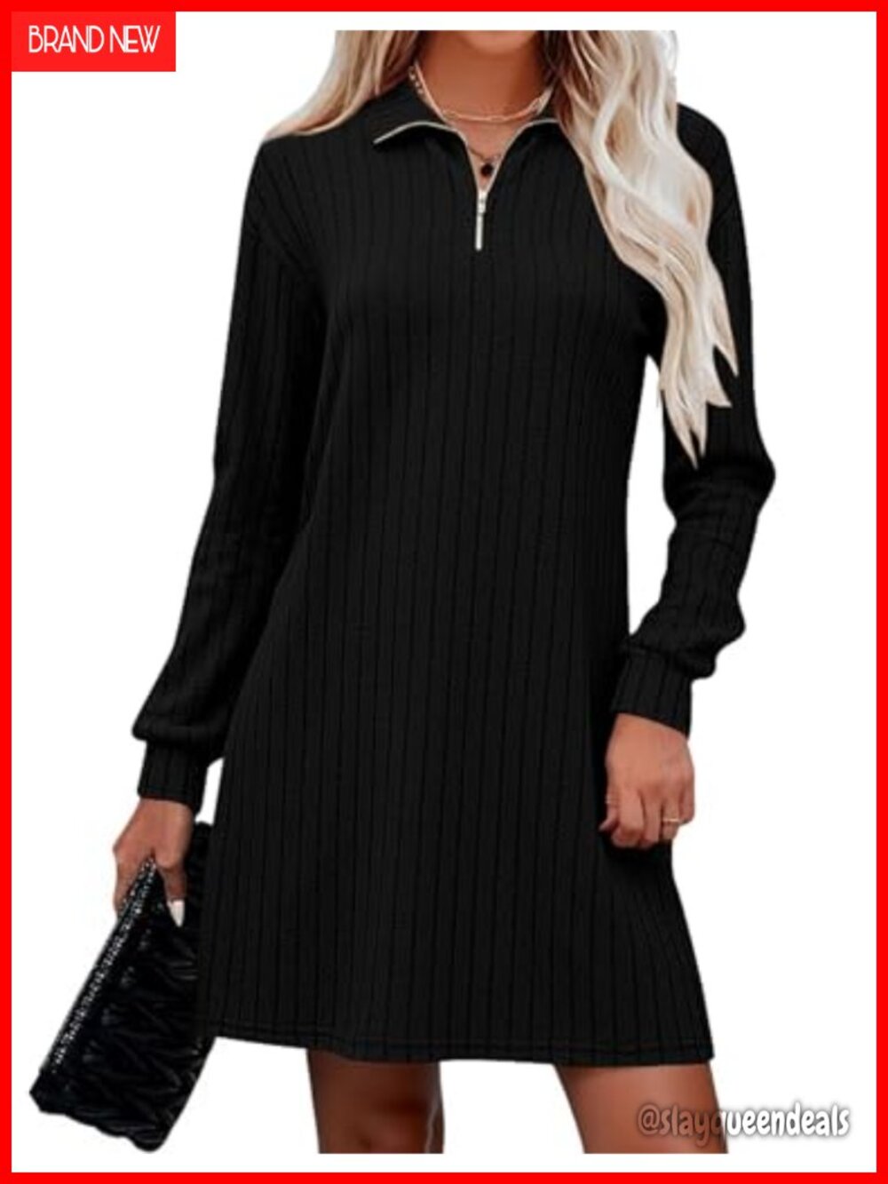 Naggoo Womens Ribbed Knit Long Sleeve Collared V Neck Mini Dress